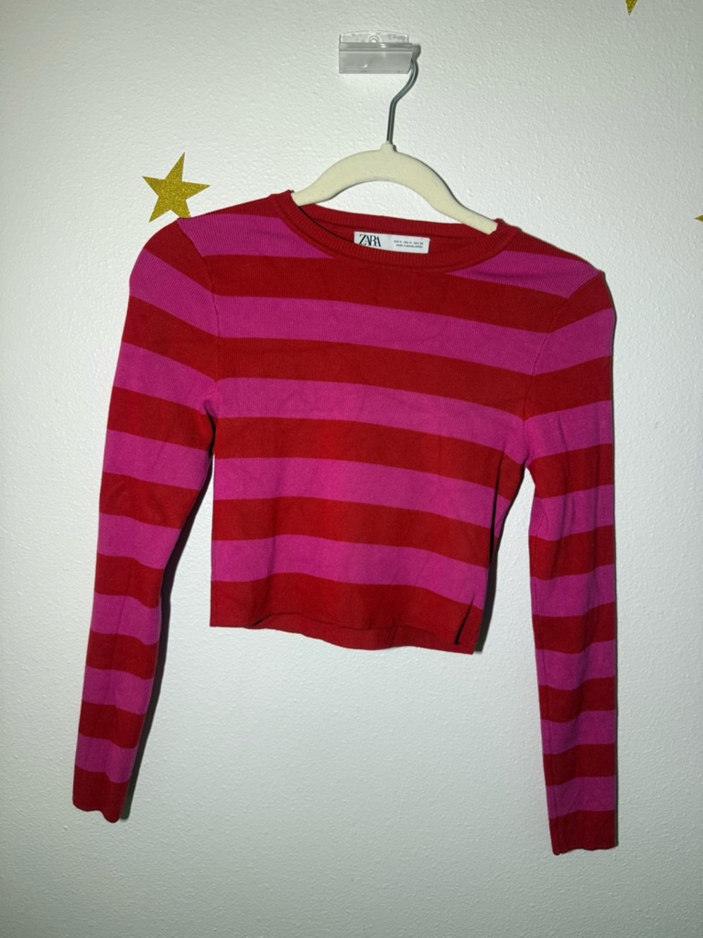 Zara Red and Pink Striped Cropped Knit Top